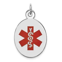 Silver oval medical alert pendant with a red star of life symbol and white caduceus staff, suspended from a small loop at the top.