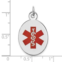 Oval medical alert pendant with red star of life symbol and caduceus staff on white background, shown next to ruler for scale.