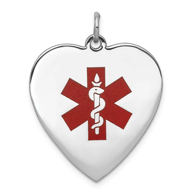 Heart-shaped pendant with a red medical alert symbol featuring a serpent and staff on a white background, suspended from a silver loop.