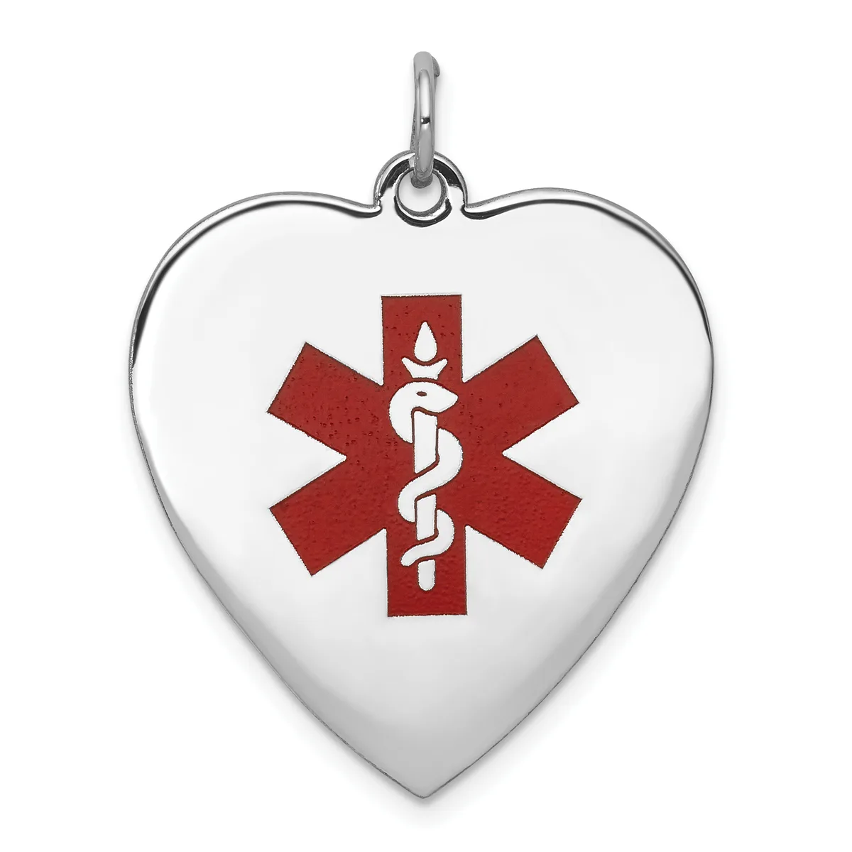 Heart-shaped pendant with a red medical alert symbol featuring a serpent and staff on a white background, suspended from a silver loop.