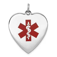 Heart-shaped pendant with a red medical alert symbol featuring a serpent and staff on a white background, suspended from a silver loop.