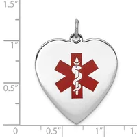 Silver heart-shaped medical alert pendant with red Star of Life symbol containing a snake and staff, shown next to ruler measuring approximately 1.25 inches tall.
