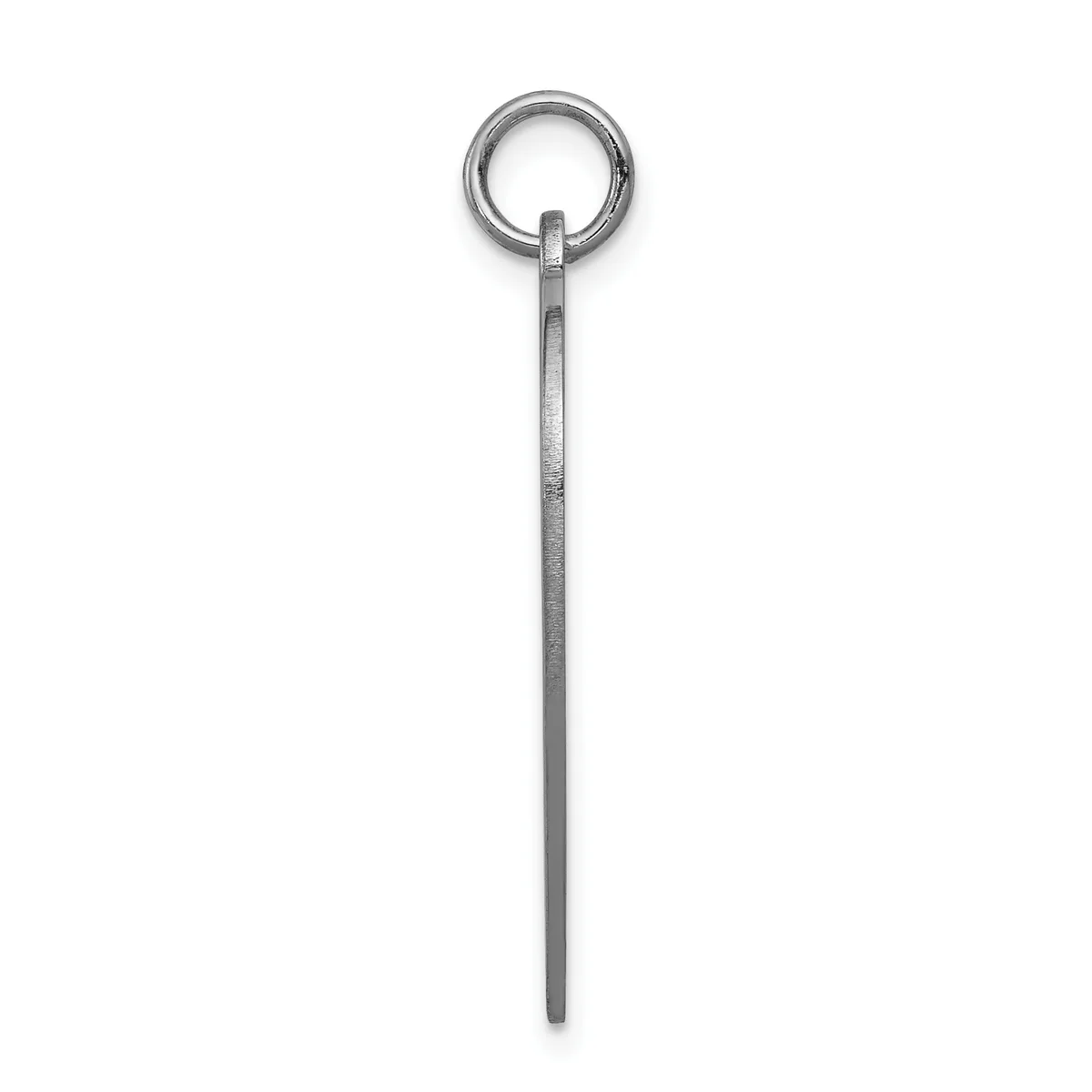A long sterling silver pendant with a thin rectangular shaft and a circular loop at the top, displayed against a white background.