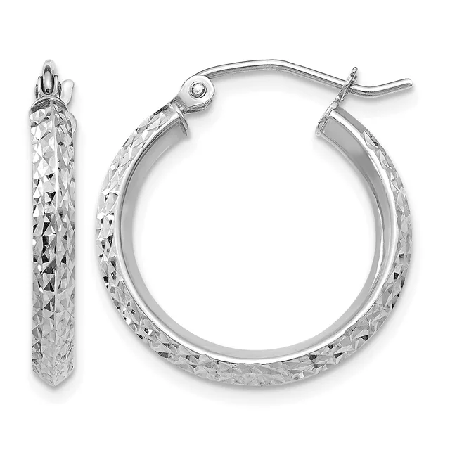 A pair of silver hoop earrings with a diamond-cut textured finish, shown from front and side views with hinged posts and backs.
