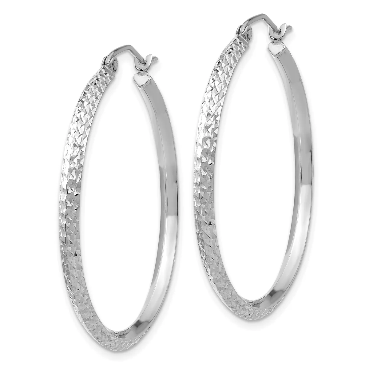 A pair of silver hoop earrings with a textured diamond-cut surface on the outer half and smooth polished finish on the inner half, shown against a white background.