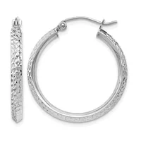 Pair of silver hoop earrings with textured diamond-cut surface finish, shown from front and side views with posts and clutch backs.