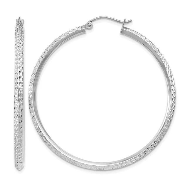 A pair of silver hoop earrings with a textured diamond-cut surface, shown from the front and side view.