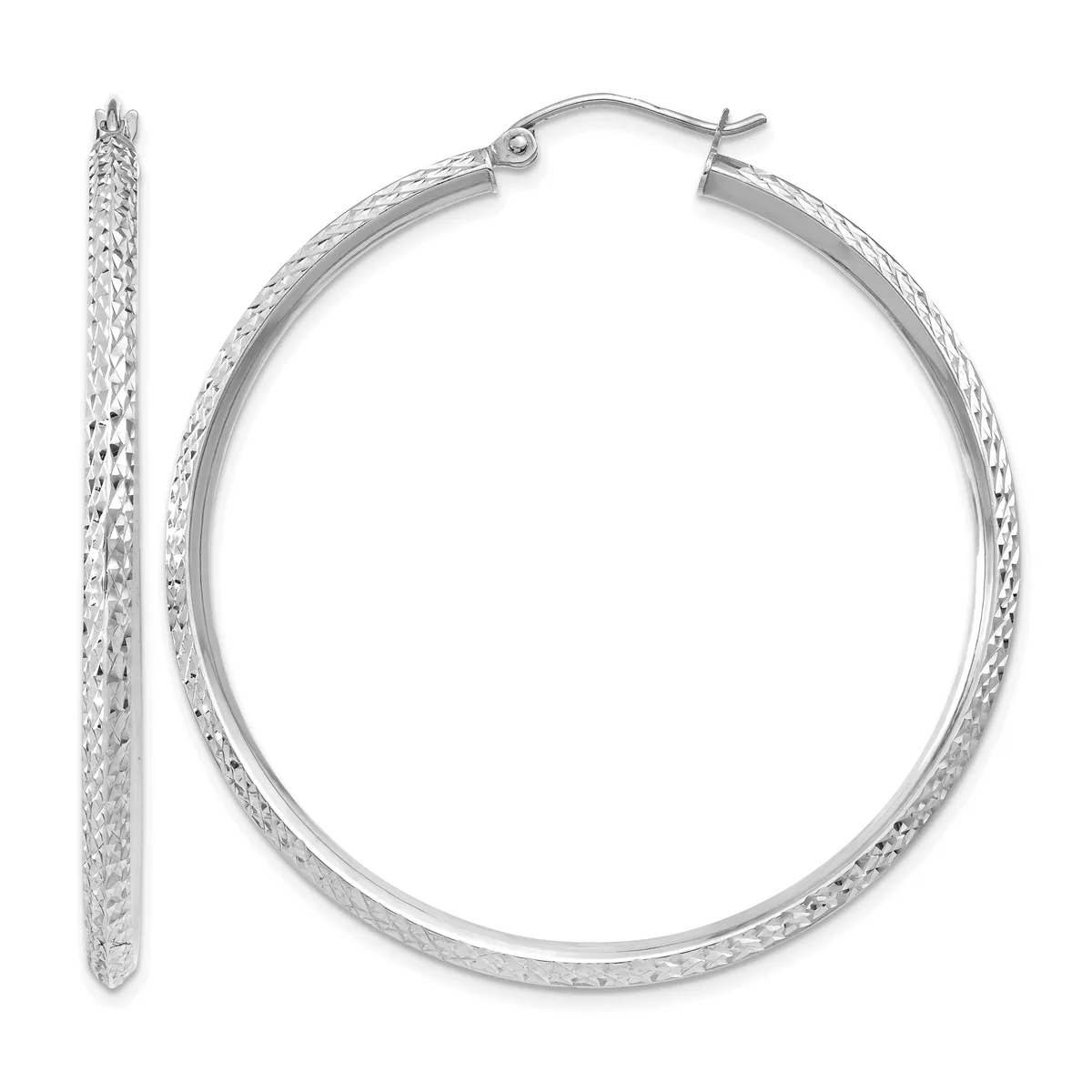 A pair of silver hoop earrings with a textured diamond-cut surface, shown from the front and side view.