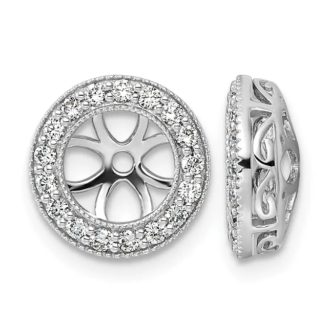 Two views of a white gold earring jacket with a halo of round diamonds surrounding an open floral filigree design.