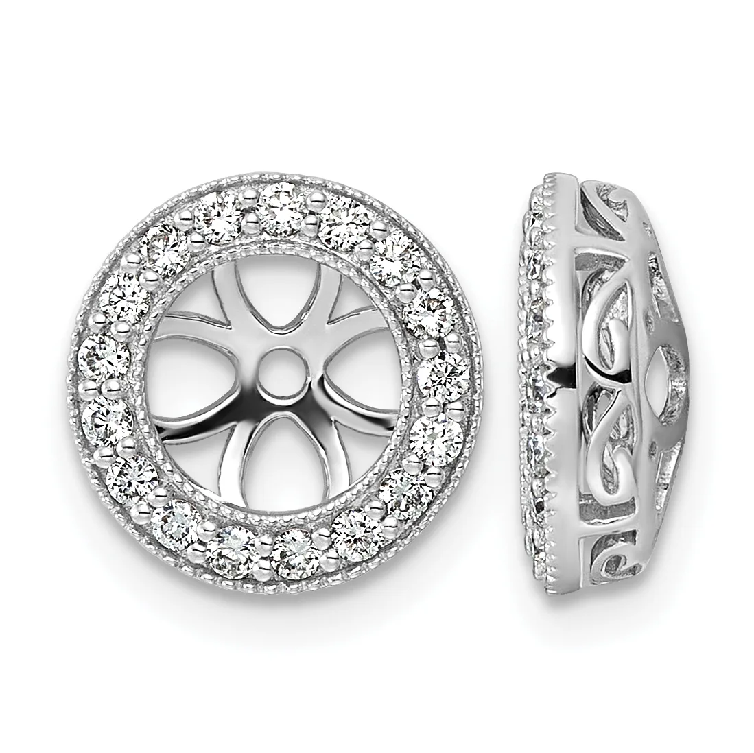 Two views of a white gold earring jacket with a halo of round diamonds surrounding an open floral filigree design.