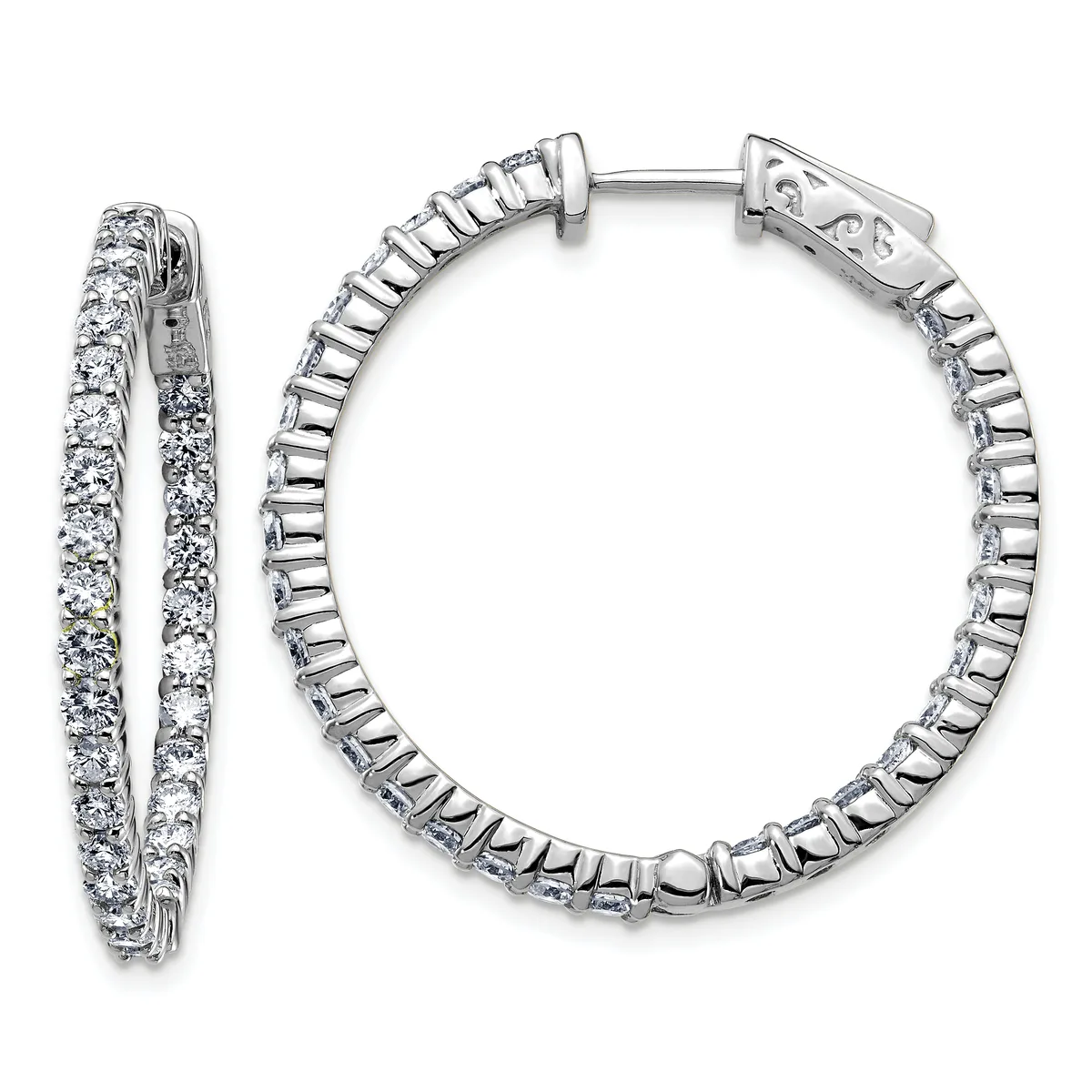 Pair of silver hoop earrings with round diamond settings along the outer and inner edges, shown from the front and side view.