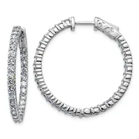 Pair of silver hoop earrings with round diamond settings along the outer and inner edges, shown from the front and side view.