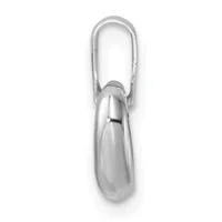 A polished silver teardrop-shaped pendant hanging from an open loop bail against a white background.