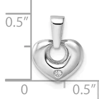 Silver heart-shaped pendant with a small round diamond accent, shown with a measurement scale indicating approximately 0.5 inches in height and width.