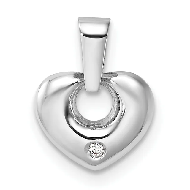 Silver heart-shaped pendant with a small diamond accent at the bottom and a polished bail at the top, displayed against a white background.