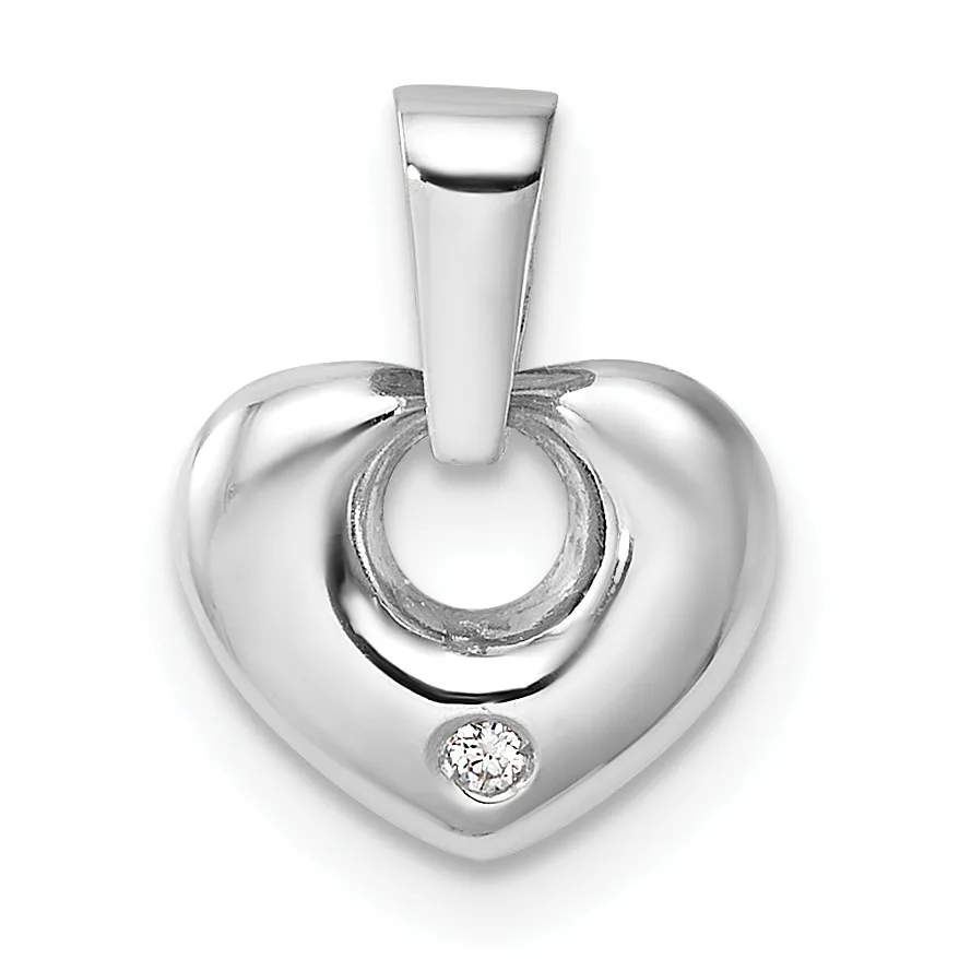 Silver heart-shaped pendant with a small diamond accent at the bottom and a polished bail at the top, displayed against a white background.
