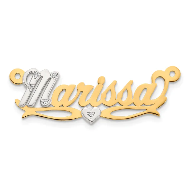 Two-tone gold nameplate pendant with the name in script lettering, decorative flourishes, diamond accents, and a small heart charm, shown against a white background.