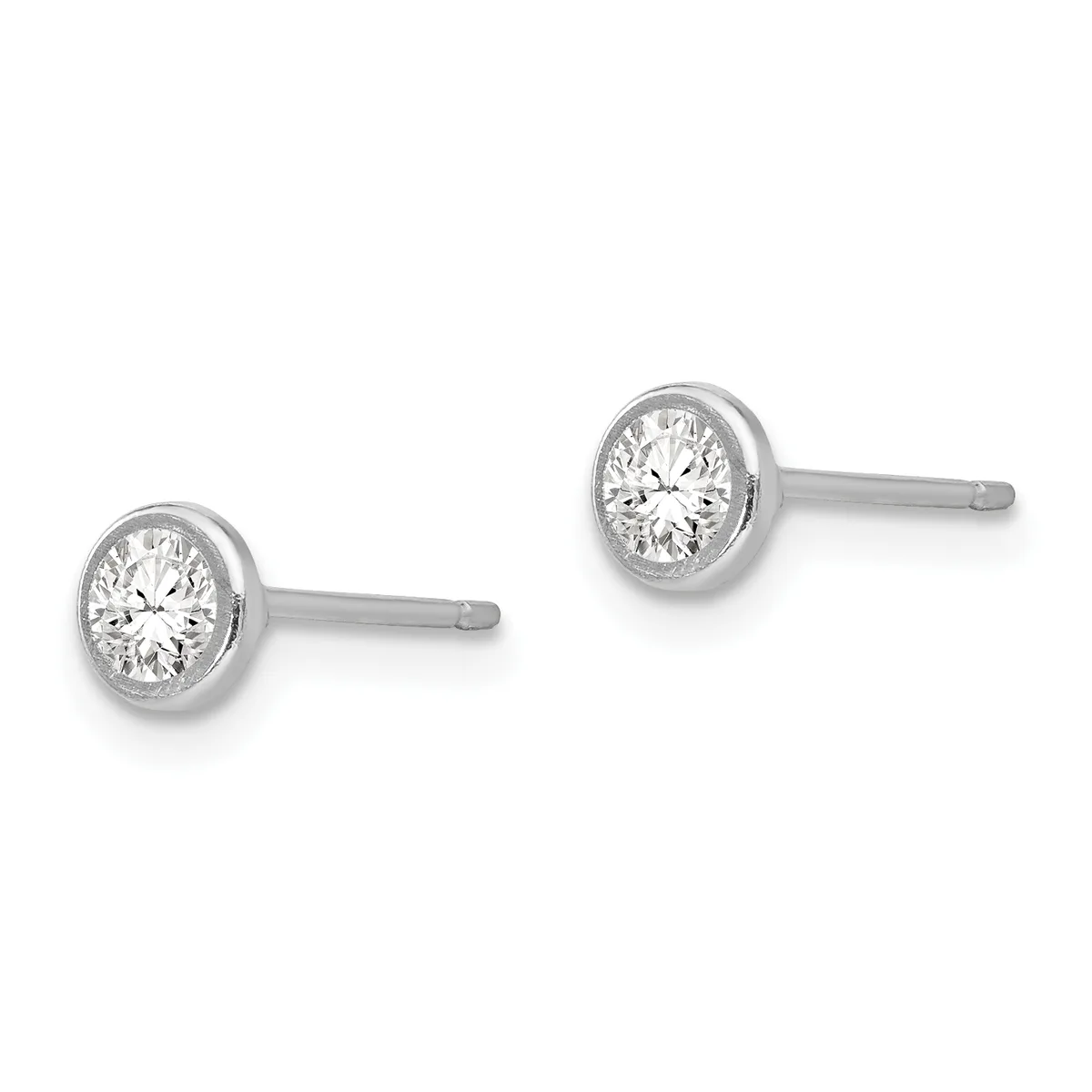A pair of silver stud earrings, each featuring a round brilliant-cut diamond in a bezel setting on a thin post.