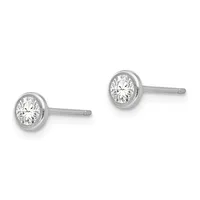 A pair of silver stud earrings, each featuring a round brilliant-cut diamond in a bezel setting on a thin post.