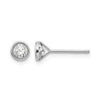 A pair of round diamond stud earrings in white metal, shown from front and side views, with bezel settings and a thin post back.