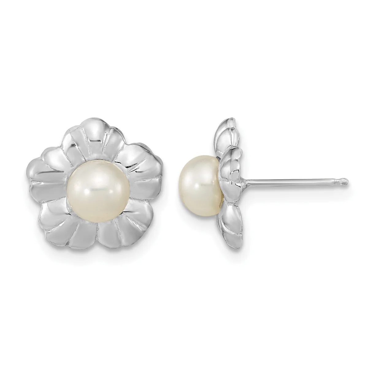 Pair of silver flower-shaped stud earrings with cream-colored pearl centers, shown from front and side views.
