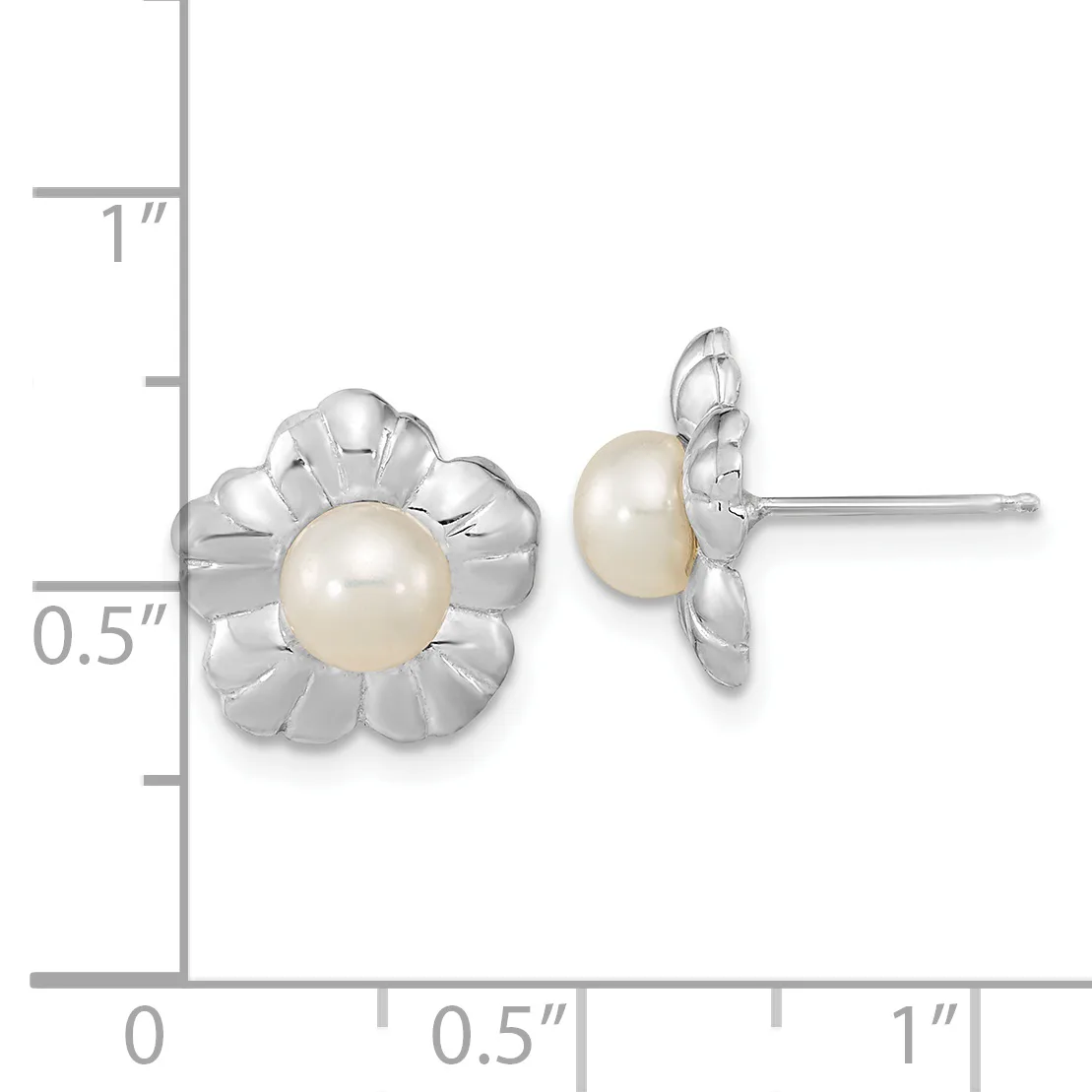 Silver flower-shaped stud earrings with cream pearls at the centers, displayed against a measurement scale showing approximately 0.75 inches in height.