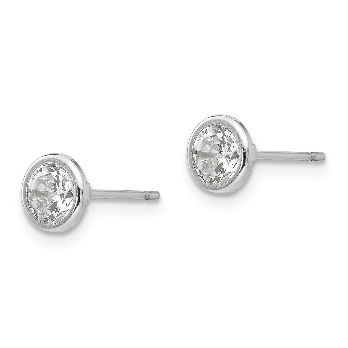 A pair of silver stud earrings with round bezels containing clear faceted stones, shown on posts against a white background.
