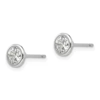 A pair of silver stud earrings with round bezels containing clear faceted stones, shown on posts against a white background.