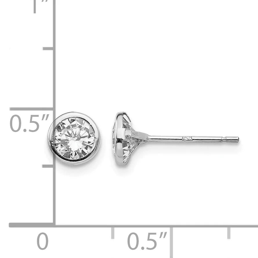 A pair of round diamond stud earrings in white metal with a ruler showing their size at approximately 0.5 inches in diameter.