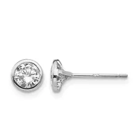 A pair of silver stud earrings with round bezels containing round brilliant-cut cubic zirconia stones, shown from front and side views.