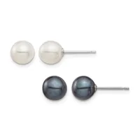 Two pairs of pearl stud earrings with sterling silver posts, one pair white and one pair dark gray, displayed against a white background.