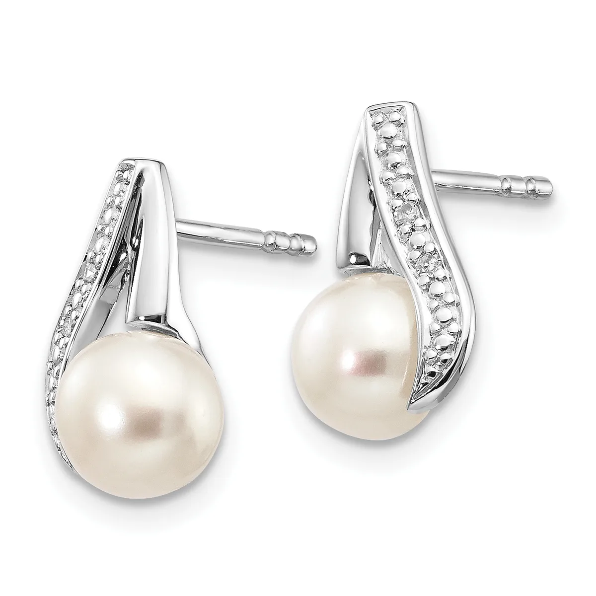Pair of silver stud earrings with curved tops set with small diamonds and cream-colored pearl drops, shown from the front.