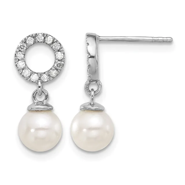Pair of silver drop earrings with diamond-set circular tops and pearl drops, shown from front and side views.