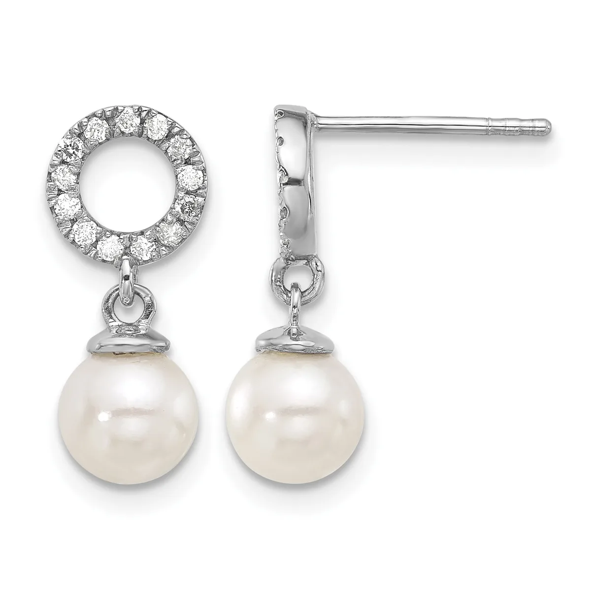Pair of silver drop earrings with diamond-set circular tops and pearl drops, shown from front and side views.