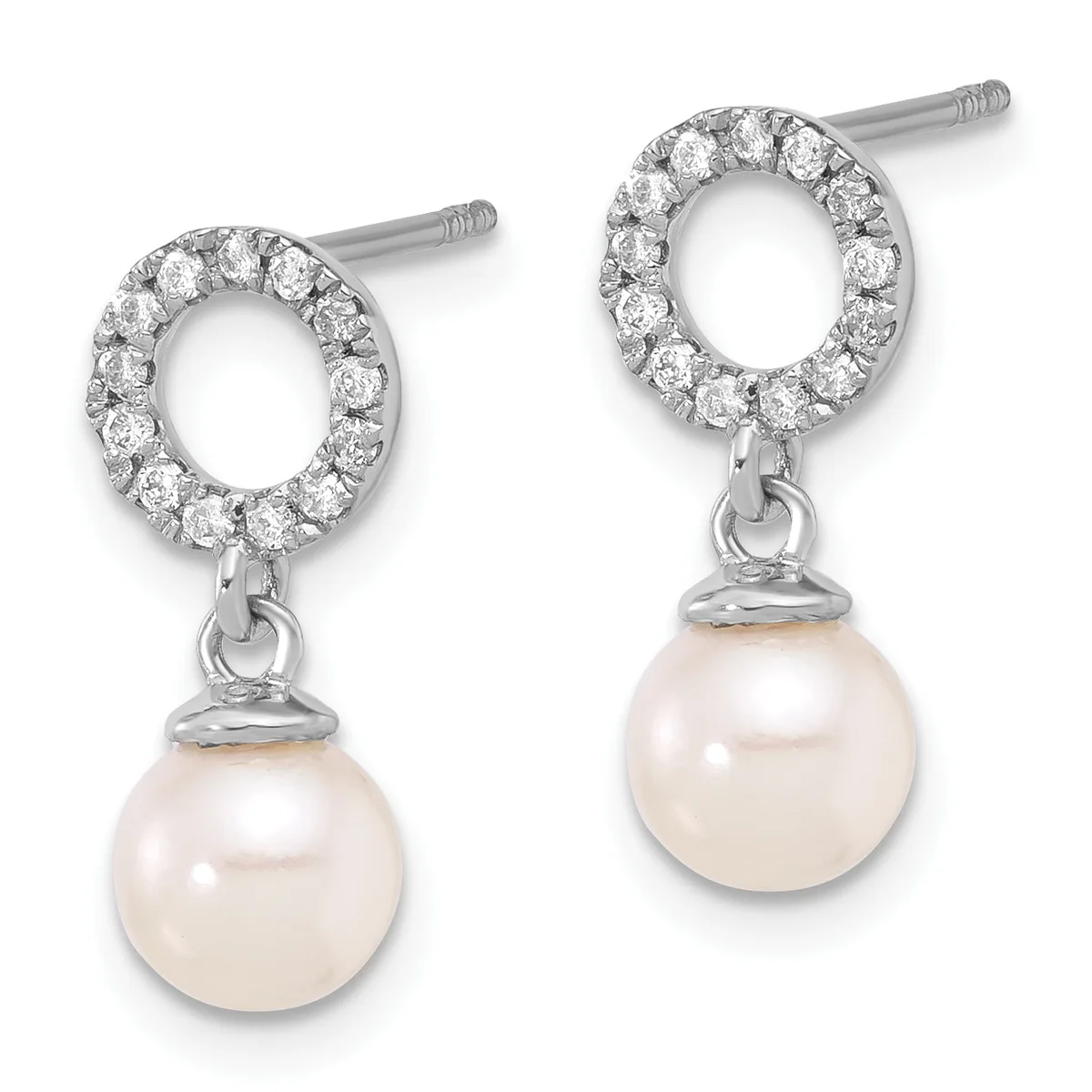 A pair of silver drop earrings featuring diamond-set circular studs with pearl drops suspended below.