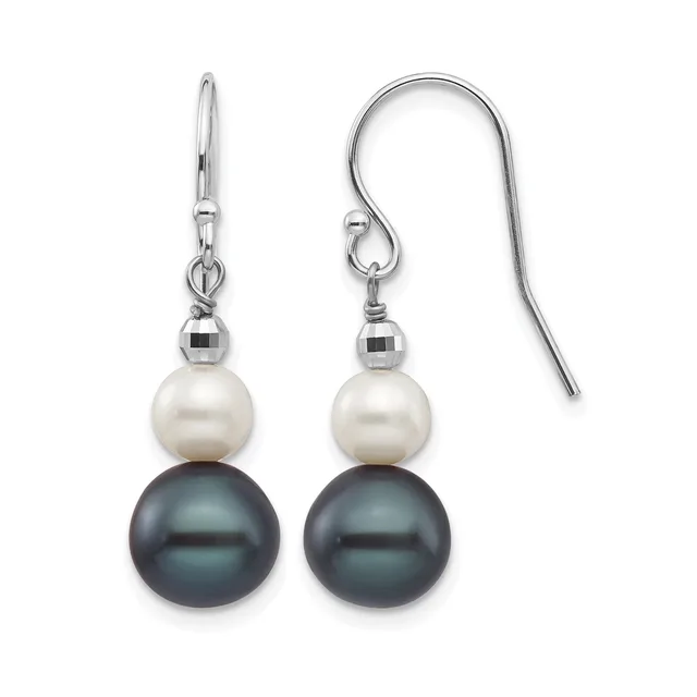 A pair of silver drop earrings with white pearl tops, dark gray pearl bottoms, and faceted metal spacer beads between them, displayed against a white background.