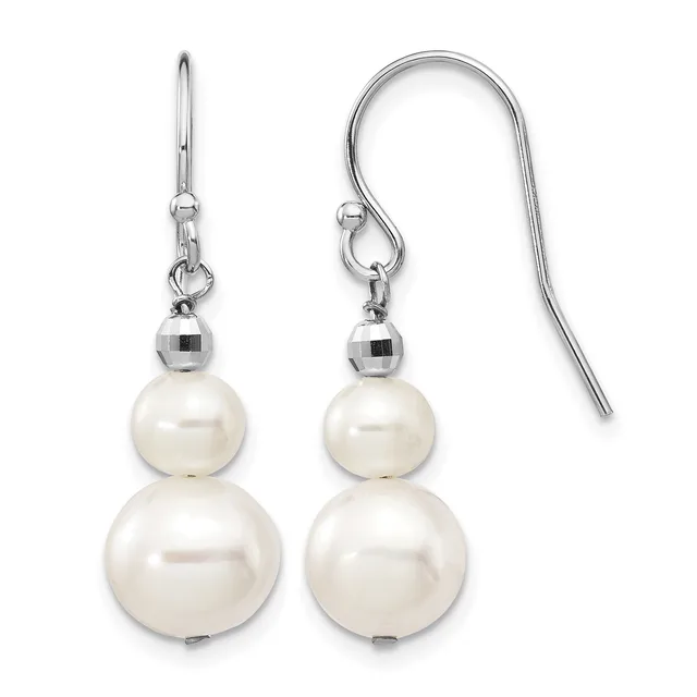 Pair of silver earrings with two graduated white pearl drops suspended from small faceted silver beads, shown on matching silver ear wires.