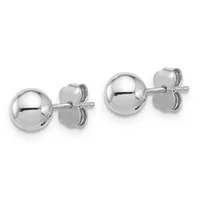 A pair of polished silver ball stud earrings shown from front and side angles, displaying their spherical shape and post-and-butterfly back closures.