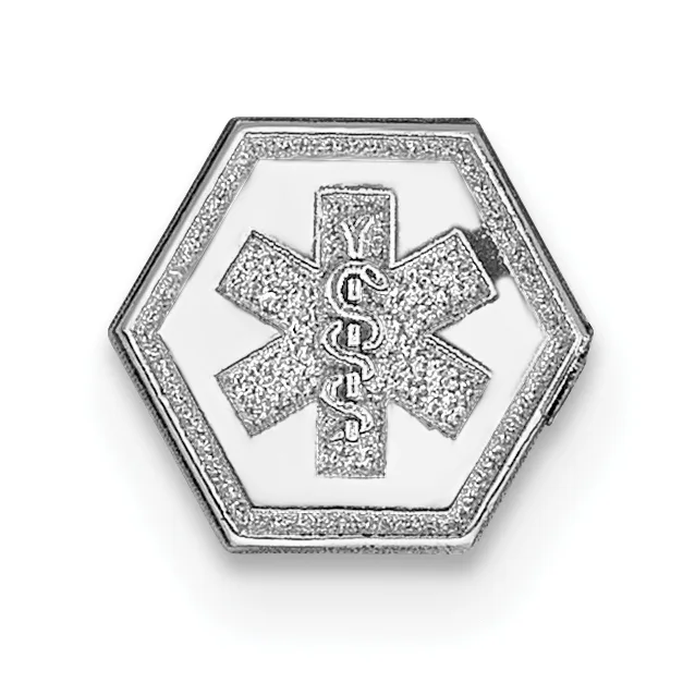 Hexagonal silver medical alert pendant featuring a textured six-pointed star with intertwined serpents in the center, surrounded by a decorative beaded border.