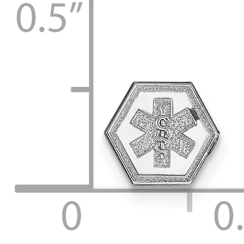 Hexagonal medical alert pendant with a caduceus symbol in the center, shown next to a ruler indicating 0.5 inches in height.