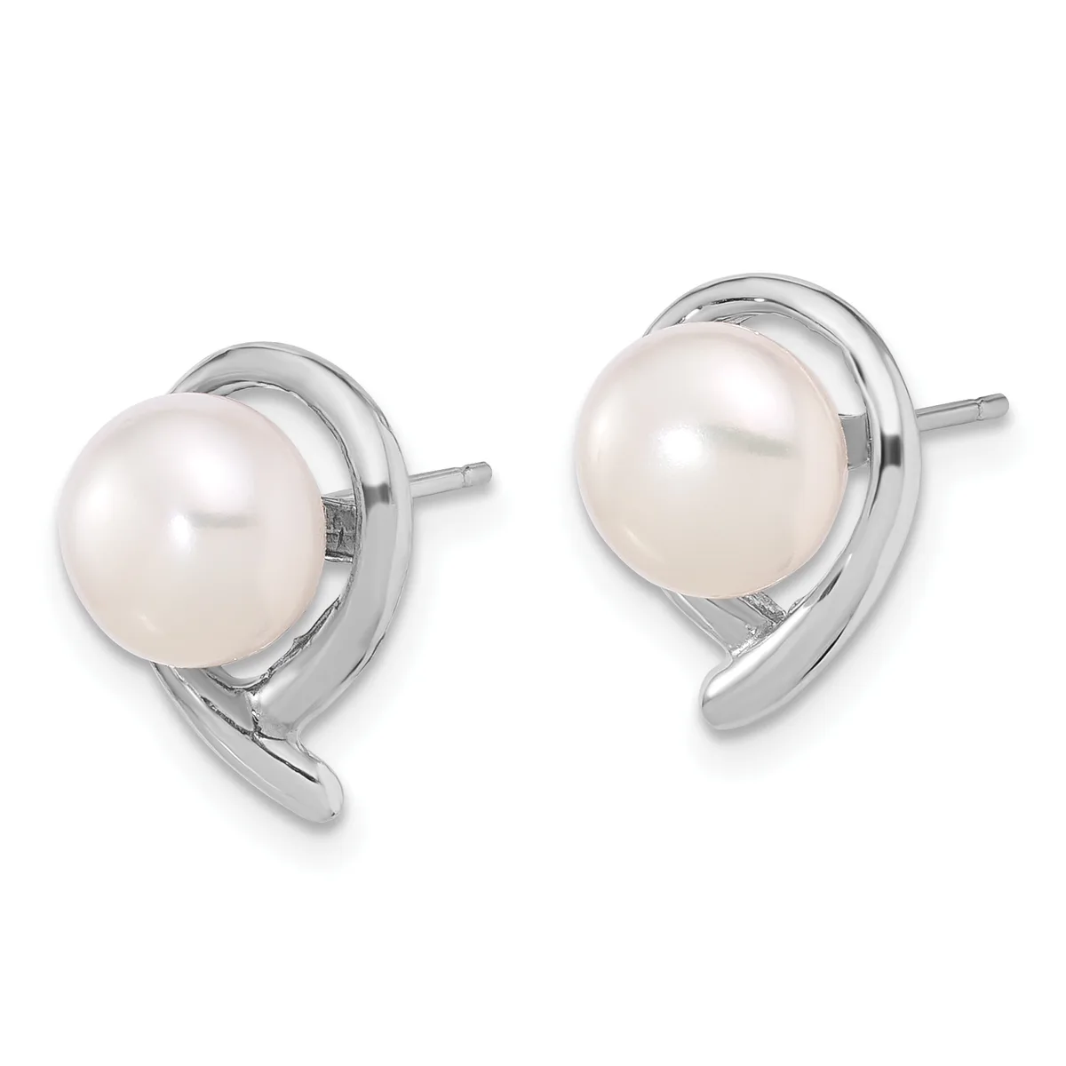 A pair of silver earrings with white pearl studs set in curved metallic bezels, displayed against a white background.