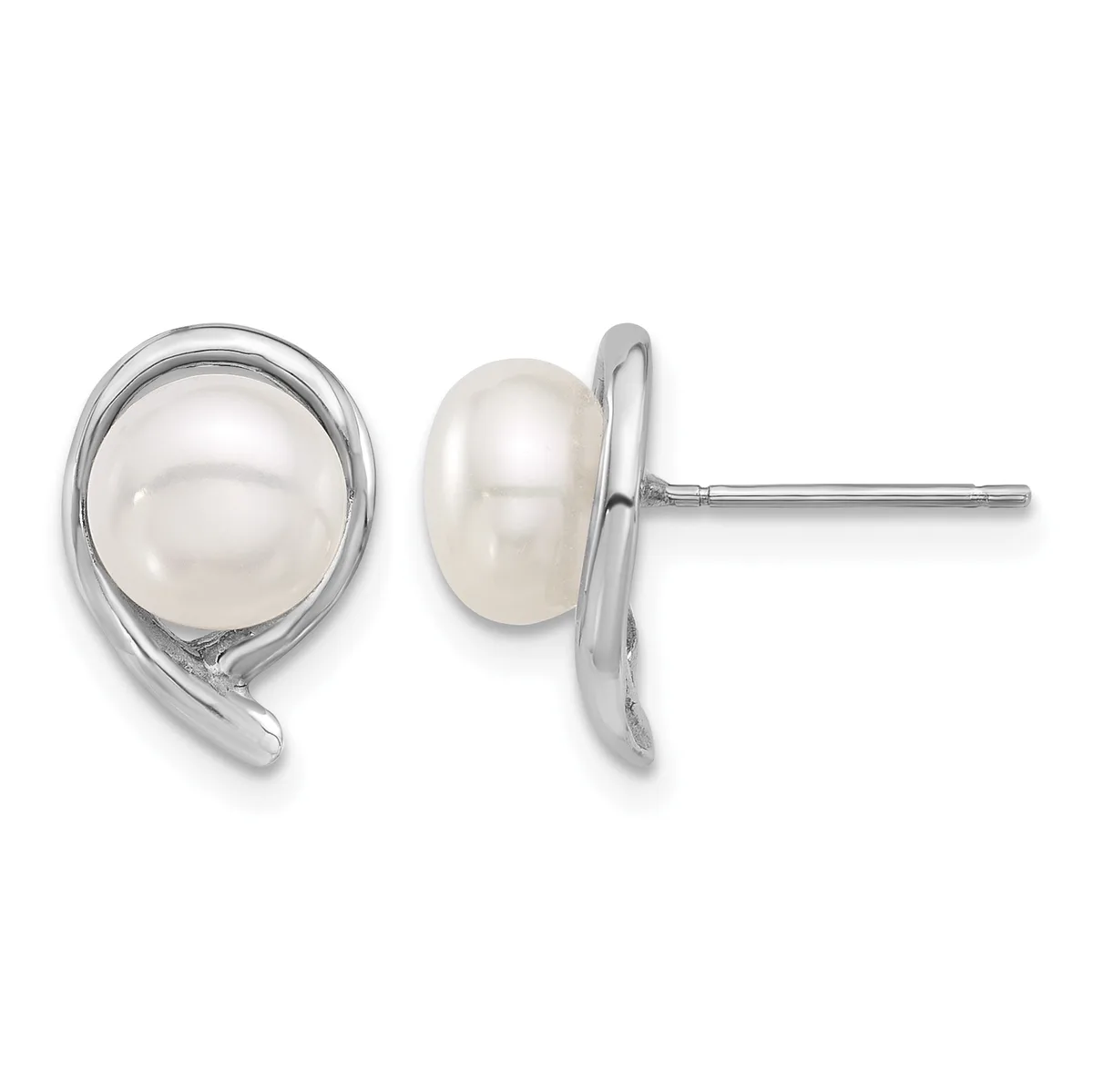 Pair of silver stud earrings with oval white pearl cabochons set in curved bezels, shown from front and back views.