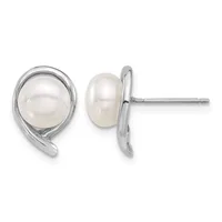 Pair of silver stud earrings with oval white pearl cabochons set in curved bezels, shown from front and back views.