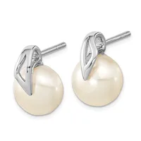 A pair of silver stud earrings with curved metalwork tops and cream-colored pearl drops, shown from the front.