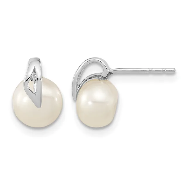 A pair of silver stud earrings with cream-colored pearl drops and curved metal tops, shown from front and side angles.