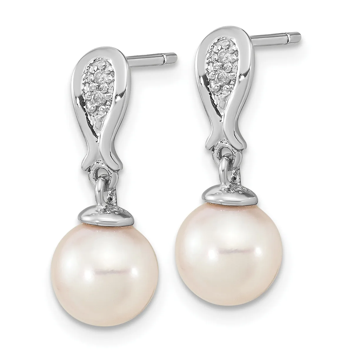 Pair of silver drop earrings with diamond-paved teardrop tops and cream pearl spheres suspended below, shown from the front.