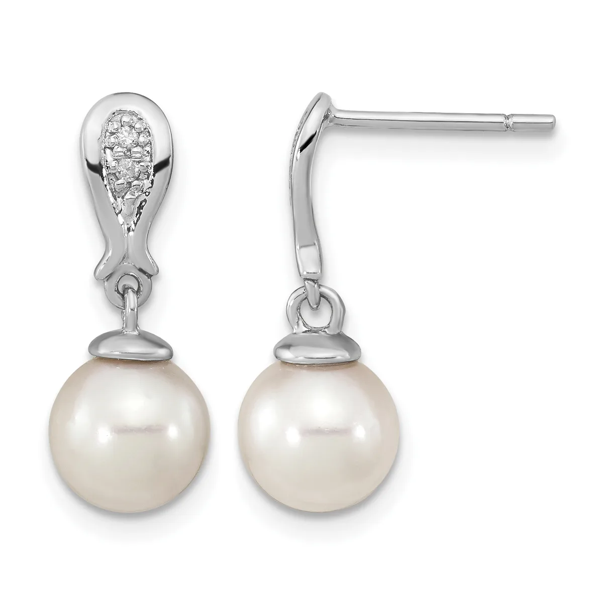 Pair of silver drop earrings with diamond-set oval tops and cream pearl pendants, shown from front and side views.