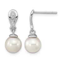 Pair of silver drop earrings with diamond-set oval tops and cream pearl pendants, shown from front and side views.