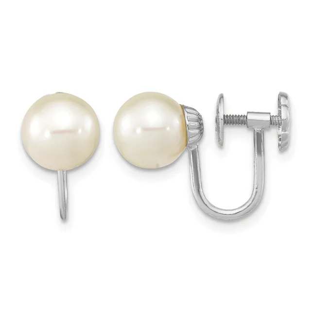 A pair of white pearl stud earrings with silver-toned metal settings and screw-back closures, shown from front and side views.