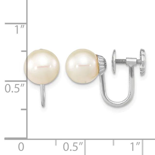 Pearl stud earrings with screw-back closures shown next to a ruler for scale, measuring approximately half an inch in diameter.